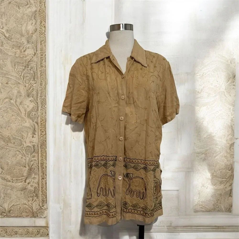 Vintage Bula Tan Brown Whimsigoth Boho Top Shirt Medium Blouse Embroidered